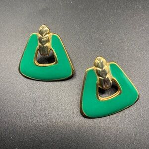 Vintage Green Enamel Pierced Post Earrings Chunky Door Knocker Style